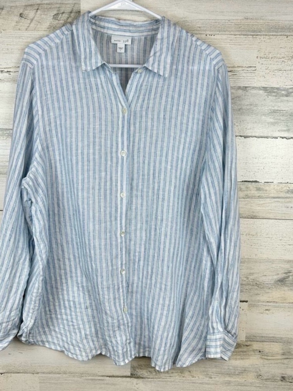 J.Jill Love Linen Blue White Striped Button Front Shirt Blouse Large 100% Linen